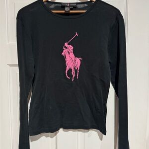 NWOT Ralph Lauren women Pink Pony Long Sleeve Black Graphic Tee Slim fit L & XL